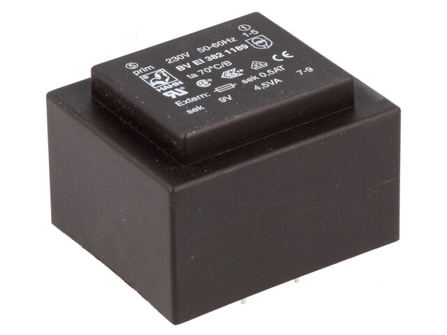 Transformator: ingegoten; 4,5VA; 230VAC; 9V; 500mA; PCB; BVEI Transformator: ingegoten; 4,5VA; 230VAC; 9V; 500mA; PCB; BVEI